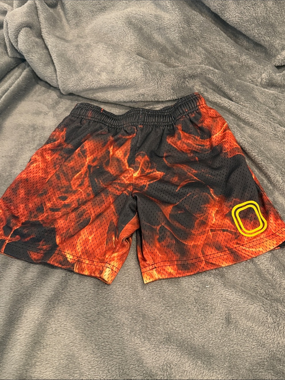Youth Large - Kids Flame-Print Athletic Shorts in Black & Red